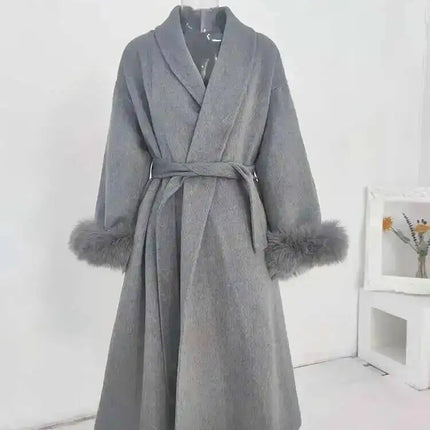 UCXQ Elegant Woolen Coat Temperament Office Lady Overcoats Fur Patchwork Long Sleeve Beautiful Women's Coats 2025 Winter New