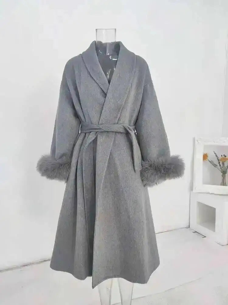 UCXQ Elegant Woolen Coat Temperament Office Lady Overcoats Fur Patchwork Long Sleeve Beautiful Women's Coats 2025 Winter New