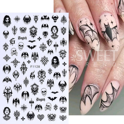 7/8pcs 3D Gothic Black Halloween Nail Stickers Cool Design Alphabet Letter Lace Castle Skull Y2K Manicure Decoration Accessories