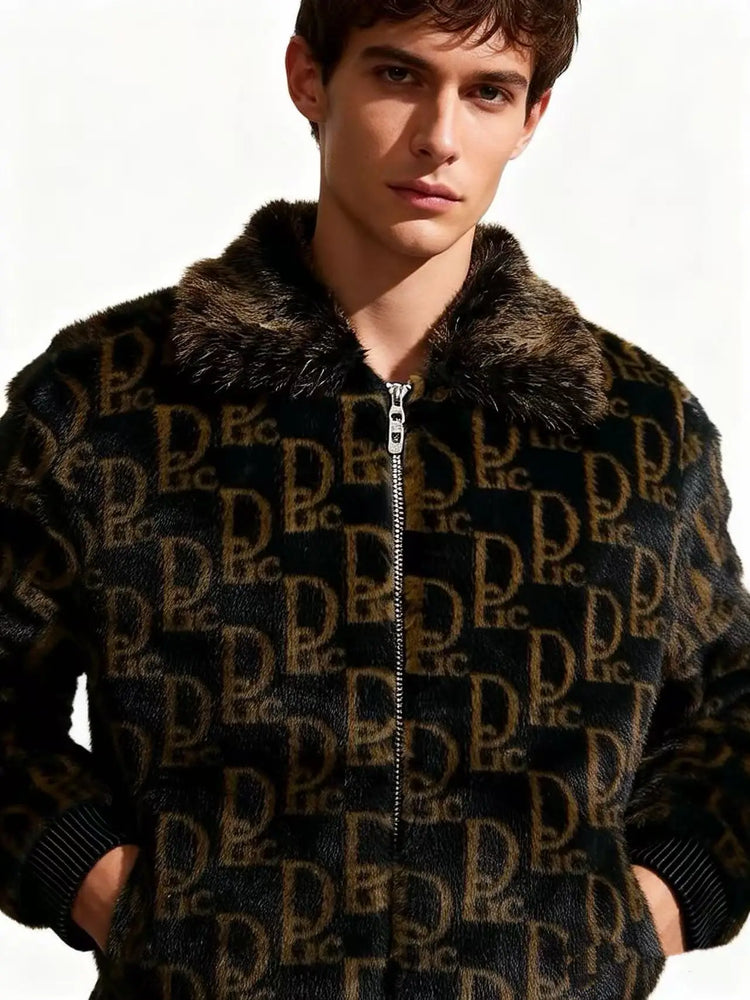 Winter Men's Lapel Imitation Fur Letter Print Warm Jacket