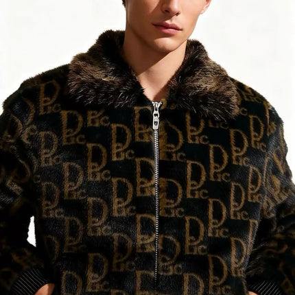 Winter Men's Lapel Imitation Fur Letter Print Warm Jacket