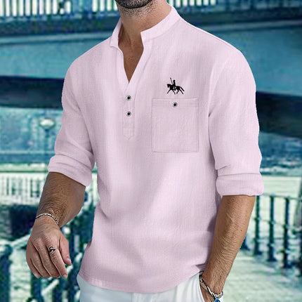 Men's Lightweight Shirts Cotton Linen Henley Long Sleeve Shirts for Men Beach Hawaiian V-Neck Top Breathable Polo
