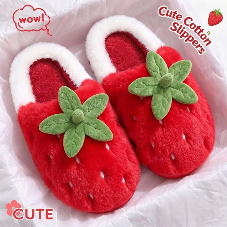 Women's Cotton Slippers Cute Strawberry Furry Fur House Winter Warm Plush Fluffy Slippers Women Chunky Sole Platform GirlsShoes