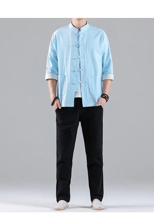 Camicie in Stile Cinese per Uomo, Top Tradizionale Tang in Lino a Mezza Manica, Camicia Kung Fu Hanfu Vintage Casual, Taglie Grandi fino a 5XL