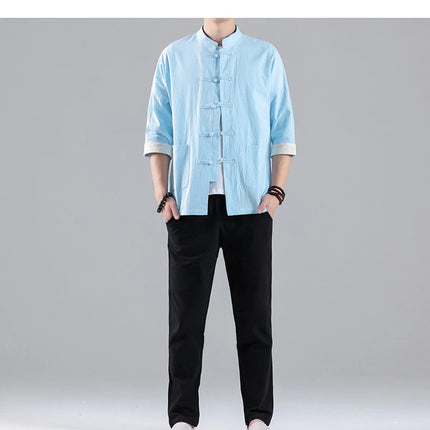 Camicie in Stile Cinese per Uomo, Top Tradizionale Tang in Lino a Mezza Manica, Camicia Kung Fu Hanfu Vintage Casual, Taglie Grandi fino a 5XL