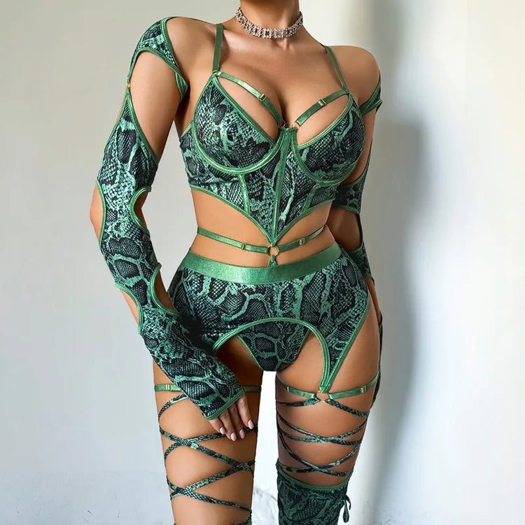 Tornova Erotic Lingerie Personalized Snake Pattern Hollow Strap Design Bodyshaping Sexy Delicate Hot Lingerie Set with Stockings