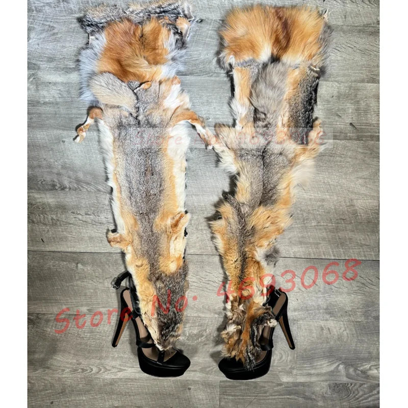 Real Fur Wrap Cross Tied Platform Sandals Women Luxury Open Toe Furry High Heels Long Shoes Ladies Sexy Colored Puttee Sandals