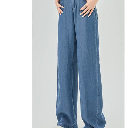 Jeans estivi donna seta ghiaccio vita alta blu sciolto moda coreana semplice tempo libero tutto-fiammifero quotidiano gamba larga elegante Trendy Chic