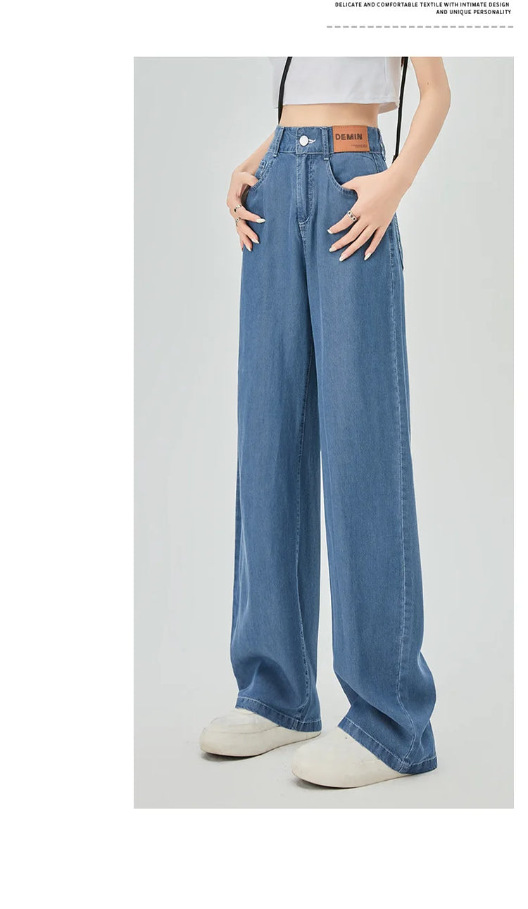 Jeans estivi donna seta ghiaccio vita alta blu sciolto moda coreana semplice tempo libero tutto-fiammifero quotidiano gamba larga elegante Trendy Chic