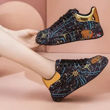 SyfIyno Spring Black Women Shoes New Style Fashion Platform Shoes Platforms Sneakers Shine Bling Graffiti Rhinestone Shoes