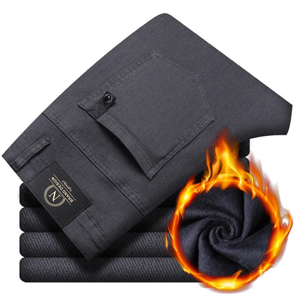 Winter New Business Fashion Casual Elastic Comfort Velvet Trouser Fleece Casual Pants Men's Straight Slim Thick Warm Male