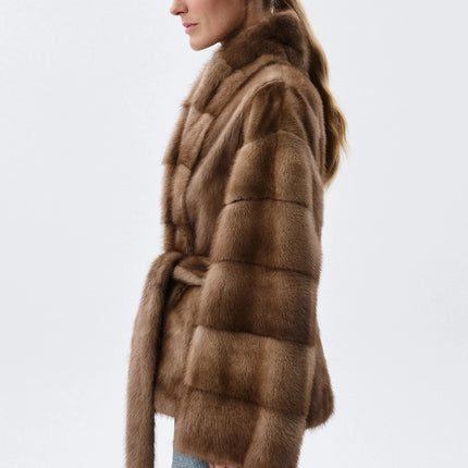 IG 2026 Women Stand Collar Belted Waist Faux Mink Fur Jacket Loose Long Sleeve Luxury Elegant Winter Party Daily Outer Coat