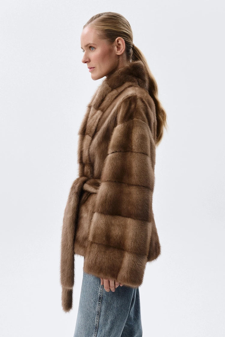 IG 2026 Women Stand Collar Belted Waist Faux Mink Fur Jacket Loose Long Sleeve Luxury Elegant Winter Party Daily Outer Coat
