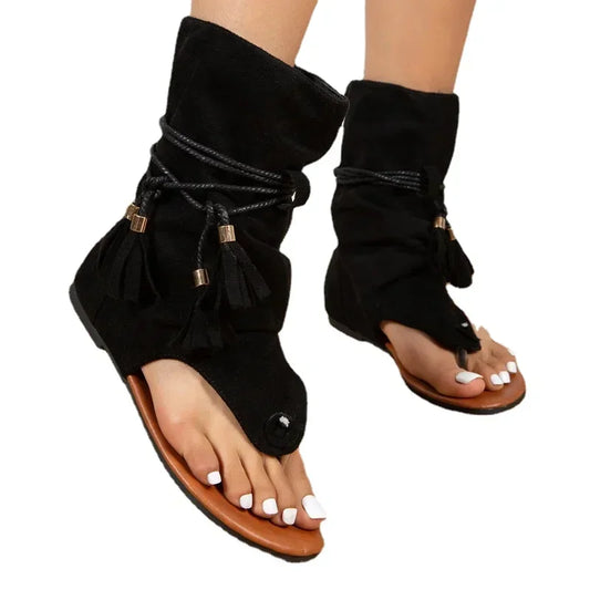 Women Summer Boots Open Toe Flat Tassel Design Sandals  Roman Sandal Elegant Shoes Plus Size 35-43 Sandalias Mujer 2024
