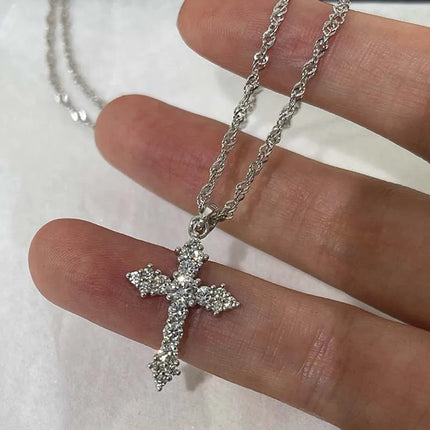 Shiny Crystal Zircon Cross Pendant Necklace for Women Girls Punk Silver Color Thin Chain Necklace Party Jewelry Birthday Gift PlatiNum