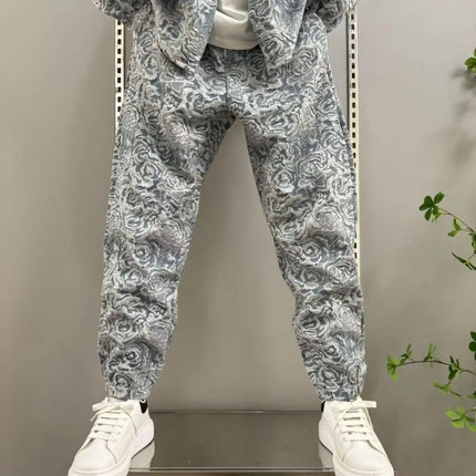 New Spring and Autumn Men's Casual Suit Lapel Jacquard Shirt Trousers Two-piece Set Comfortable Loose PlatiNum