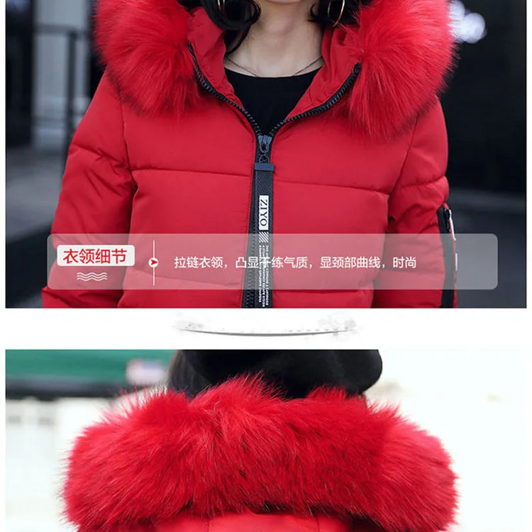 Women Winter Fur Collar Hooded Parka Coats Fashion Letter Patch Zipper Long Jacket Elegant Slim Warm Thick Female Snow Outerwear