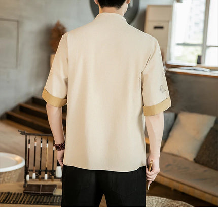 Camicie da uomo con gru ricamate Kungfu Tai Chi Casual manica corta nuovo stile cinese colletto alla coreana Cardigan in lino Tang Suit uomo Top