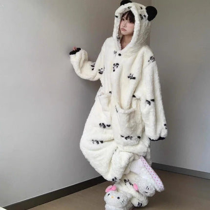 Funny Cute White Panda Pajamas One-piece Cral Fleece Thick and Warm Home Wear Autumn Winter for Women Halloween Christmas Gifts