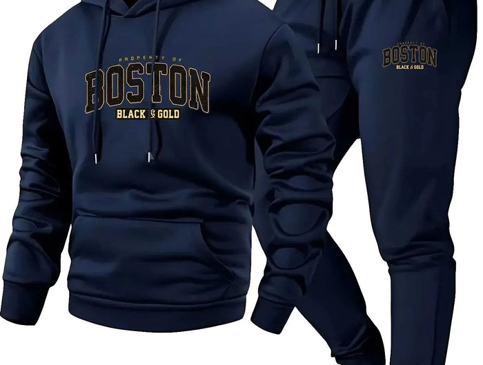 2-Piece Men's Casual Hooded Sweatshirt and Sweatpants Set - Los Angeles Letter Print Men's Outdoor Sports Set with Hooded Long S PlatiNum