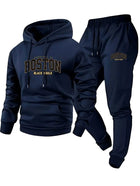 2-Piece Men's Casual Hooded Sweatshirt and Sweatpants Set - Los Angeles Letter Print Men's Outdoor Sports Set with Hooded Long S PlatiNum