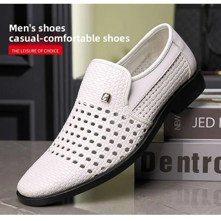 Sandali estivi da uomo in vera pelle morbida, traspiranti, casual, con suola in gomma, punta tonda, tacco basso, slip-on.