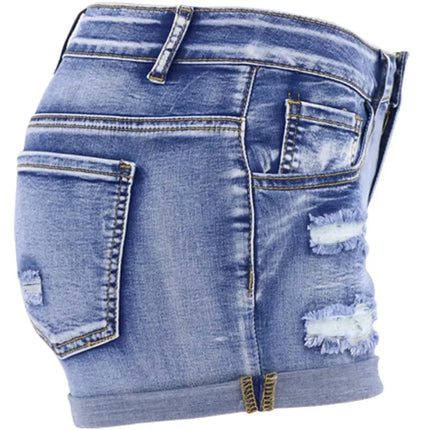 Shorts en jean fendus pour femme, taille moyenne, élastiques, avec revers, décontractés, pour la plage, à la mode, sexy, pour l'été