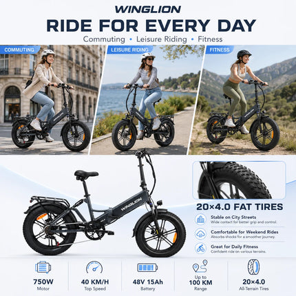 WINGLION EB-FF2.0 Bicicletta Elettrica Pieghevole da Donna, Motore 750W, Batteria 48V 15Ah, Autonomia 100KM, Velocità 40KM/H, Pneumatici Fat 4.0 da 20 Pollici, E-bike Pieghevole per Tutti i Terreni