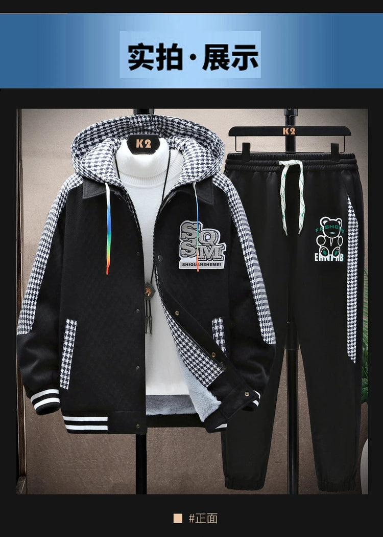 Winter Men's Sets Tracksuit Men Wool Hooded Sweatshirt Thicken Warm Sportswear Male Casual Suit Two Piece Sets