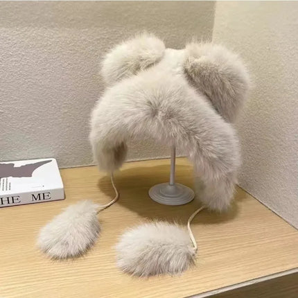 Winter  New Women's Plush Cute Bear Ear Hat ,Thicken and Warm Ear Protection Wind and Snow Hat  Plush Little Bear Lei Feng Hat