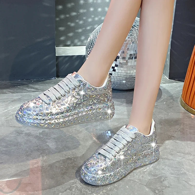 2025 Autumn Leather Women Shoes New Style Fashion Platform Shoes Ins Platforms Sneakers Tide Shine Bling Rhinestone Shoes