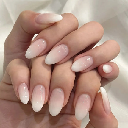 24Pcs Medium Almond Nude‑Pink 3D Textured Metallic Cat‑Eye French Sheer Press‑On False Nails For Nail Art Decor
