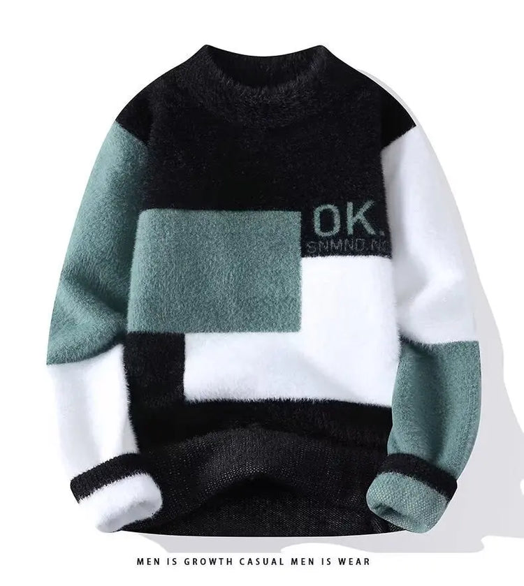 2024 New Men's Plush Sweater Pullovers Korean Winter Warm O Neck Black Sweater High Quality Cool Top Fashionable Men's Clothing