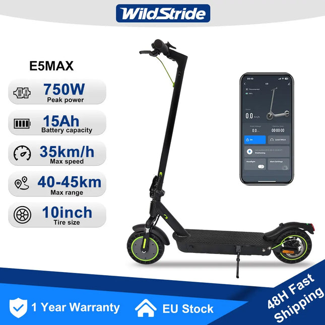 Monopattino Elettrico Wildstride 350W/500W con Motore Potente, Autonomia 30&45km, Batteria 15ah, Pneumatici da 10 Pollici, Velocità 35km/h, Pieghevole, App Intelligente, per Adulti, Modello E5max