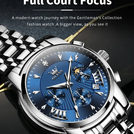 OLEVS Orologi al quarzo da uomo Orologi di marca in acciaio inossidabile Orologio sportivo impermeabile per uomo Cronografo con fasi lunari platinumshop