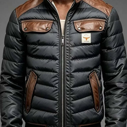 Men Winter Quilted Bomber Jacket Faux Leather Spliced Stand Collar Windproof Warm Coat Male Vintage Cowboy Badge Casual Outerwea