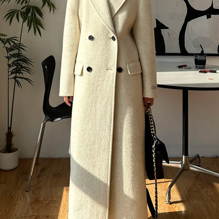 High-end White Thick Double-sided Wool Cashmere Coat Long Women Fashion Casual Loose Lapel Lace-up Woolen Jacket Autumn Winter