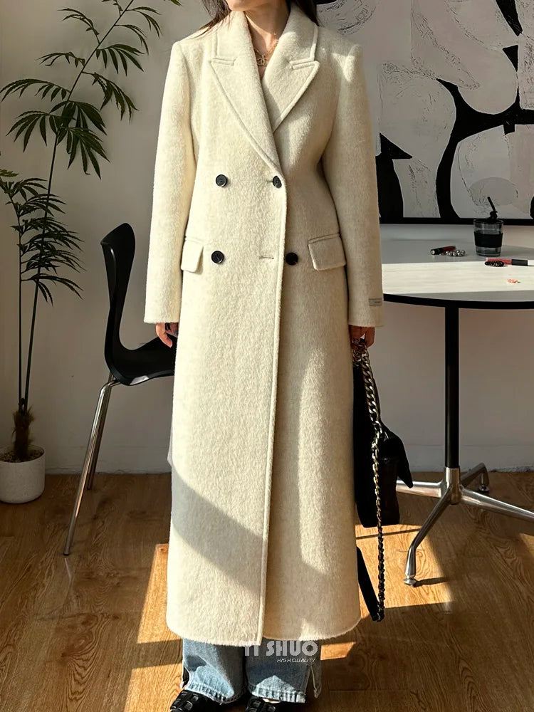 High-end White Thick Double-sided Wool Cashmere Coat Long Women Fashion Casual Loose Lapel Lace-up Woolen Jacket Autumn Winter