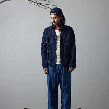 Vintage Handmade Indigo Jacket Men Spring Autumn New Lapel Multi-pocket Plant Blue Dyed Long Sleeve Jacket Casual Cardigan Coat