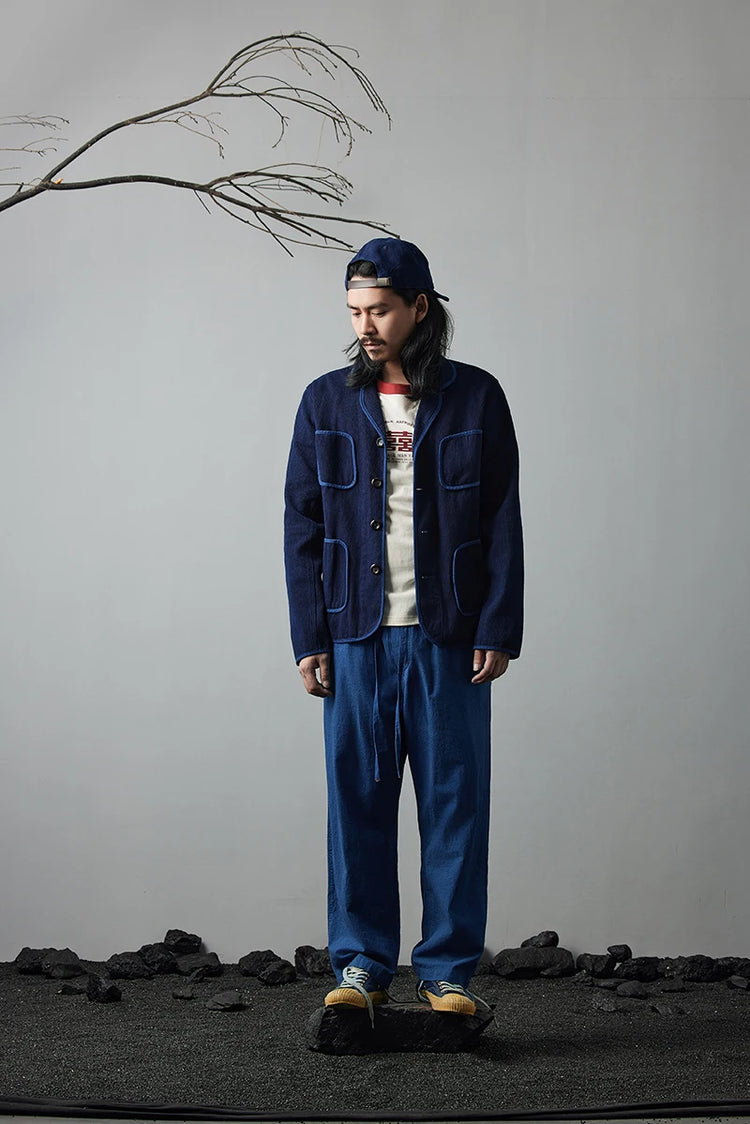 Vintage Handmade Indigo Jacket Men Spring Autumn New Lapel Multi-pocket Plant Blue Dyed Long Sleeve Jacket Casual Cardigan Coat