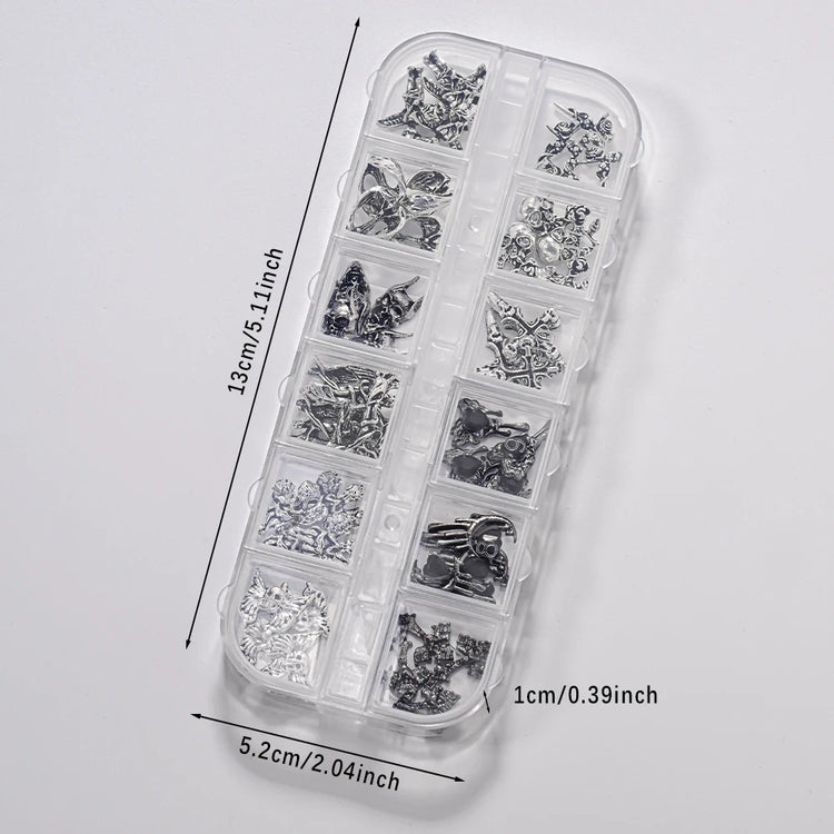 12Grid 3D Halloween Punk Retro Alloy Cross Nail Charms Y2k Gothic Metal Gun Black Silver Skull,Cross Nail Art DIY Cool Nail Part