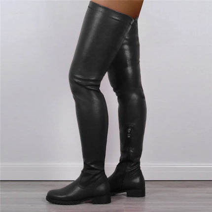 2025 Winter Over the Knee Women Boots European Platform Zipper Ladies Shoes Comfort Square High Heels Elastic Leather Long Boots PlatiNum