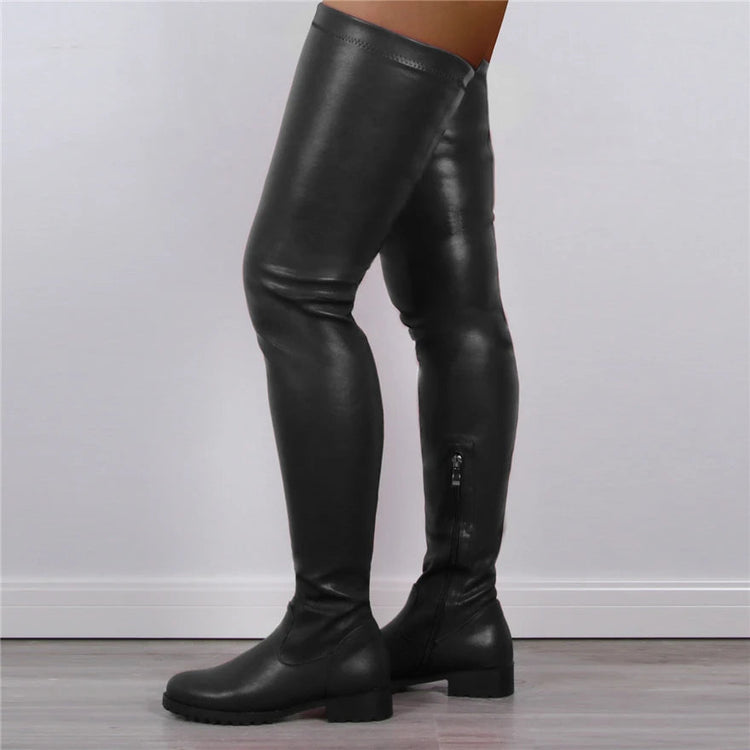 2025 Winter Over the Knee Women Boots European Platform Zipper Ladies Shoes Comfort Square High Heels Elastic Leather Long Boots PlatiNum