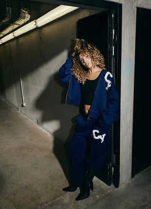 Streetwear Men's Fashion C Y Letter Zipper Set Multiple Colors Available Street Style Relaxed Unique Look Casual Two-Piece Set PlatiNum