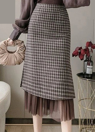 Woolen plaid skirt autumn and winter 2025 new plaid foreign style small man a word hip wrap medium and long skirt PlatiNum