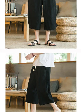 Pantaloni di lino da uomo in stile cinese Pantaloni a gamba larga da uomo con cavallo basso Pantaloni da uomo HipHop Pantaloni al polpaccio Pantaloni da pista Streetwear