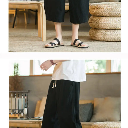 Pantaloni di lino da uomo in stile cinese Pantaloni a gamba larga da uomo con cavallo basso Pantaloni da uomo HipHop Pantaloni al polpaccio Pantaloni da pista Streetwear