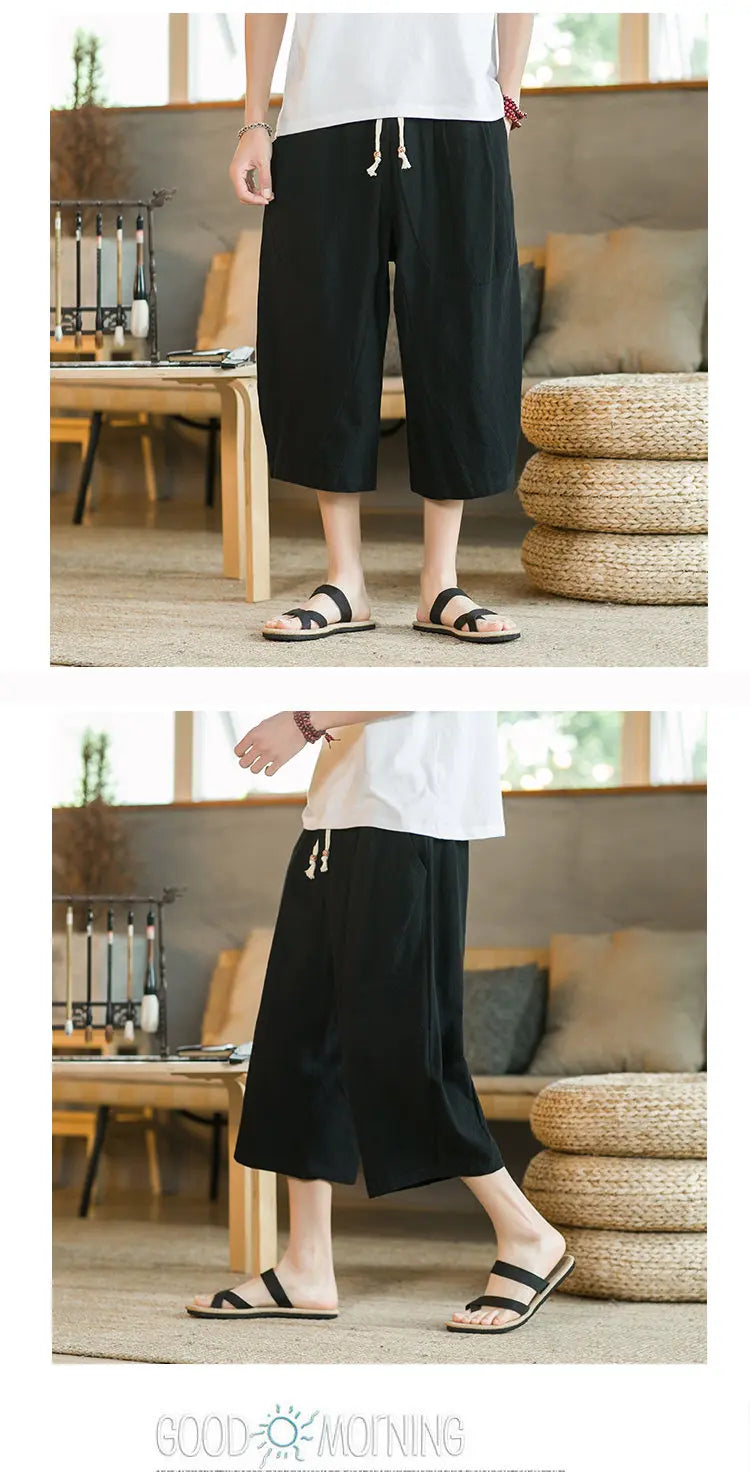 Pantaloni di lino da uomo in stile cinese Pantaloni a gamba larga da uomo con cavallo basso Pantaloni da uomo HipHop Pantaloni al polpaccio Pantaloni da pista Streetwear