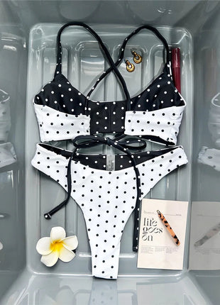 XS - L Nuovo Bikini Micro Thong a Pois da Donna, Costume da Bagno Due Pezzi, Set Bikini V7854 PlatiNum