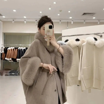 UCXQ Korean Style Two Sided Cloak Overcoat For Women Fur Collars Belt Loose Long Coats 2025 Winter New 23Z2284